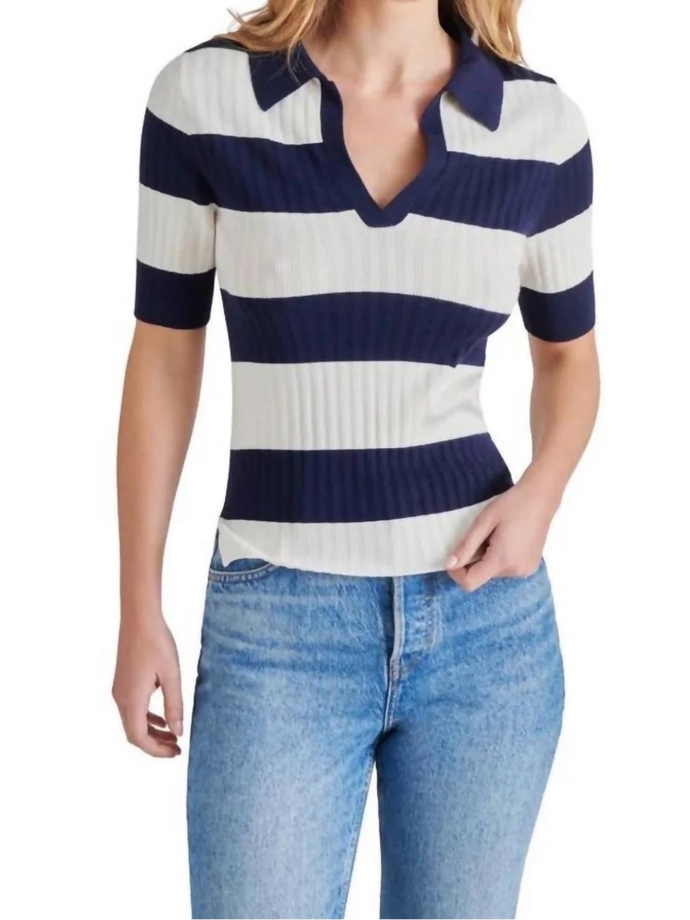 NWOT Steve Madden Navy and White Striped Ribbed Polo Tee